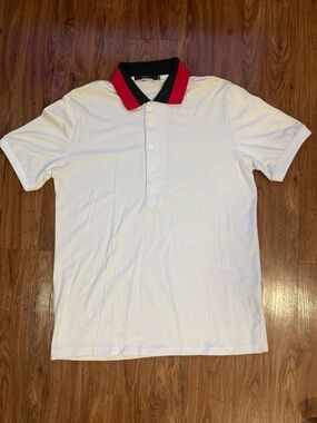 Vintage Gucci White Unisex Polo Shirt with Red & Green Web collar. EUR Size XXXL